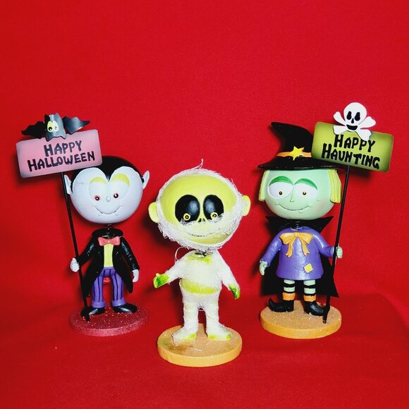 Halloween Figurines Witch Dracula Mummy Bobble Head Spring Set of 3 - Picture 12 of 12